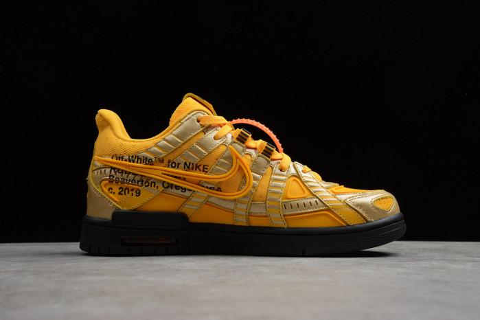 OW x Nike Air Rubber Dunk “University Gold” CU6015-700